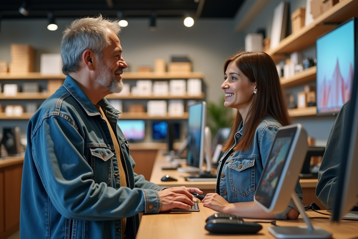 Homme en denim discutant avec un vendeur en magasin d