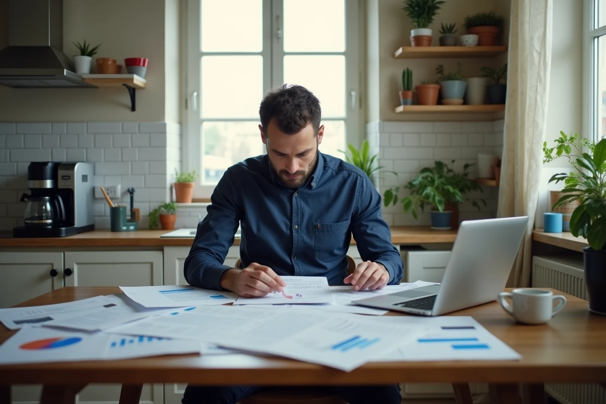 Homme consultant des statistiques INSEE et des factures à son bureau de cuisine, symbolisant l'influence des données économiques sur les finances personnelles