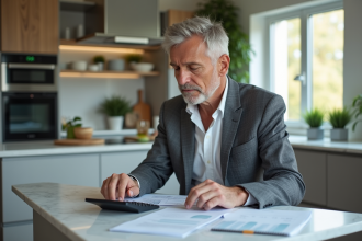 Homme d'âge moyen étudiant des documents immobiliers dans une cuisine moderne