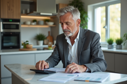 Homme d'âge moyen étudiant des documents immobiliers dans une cuisine moderne