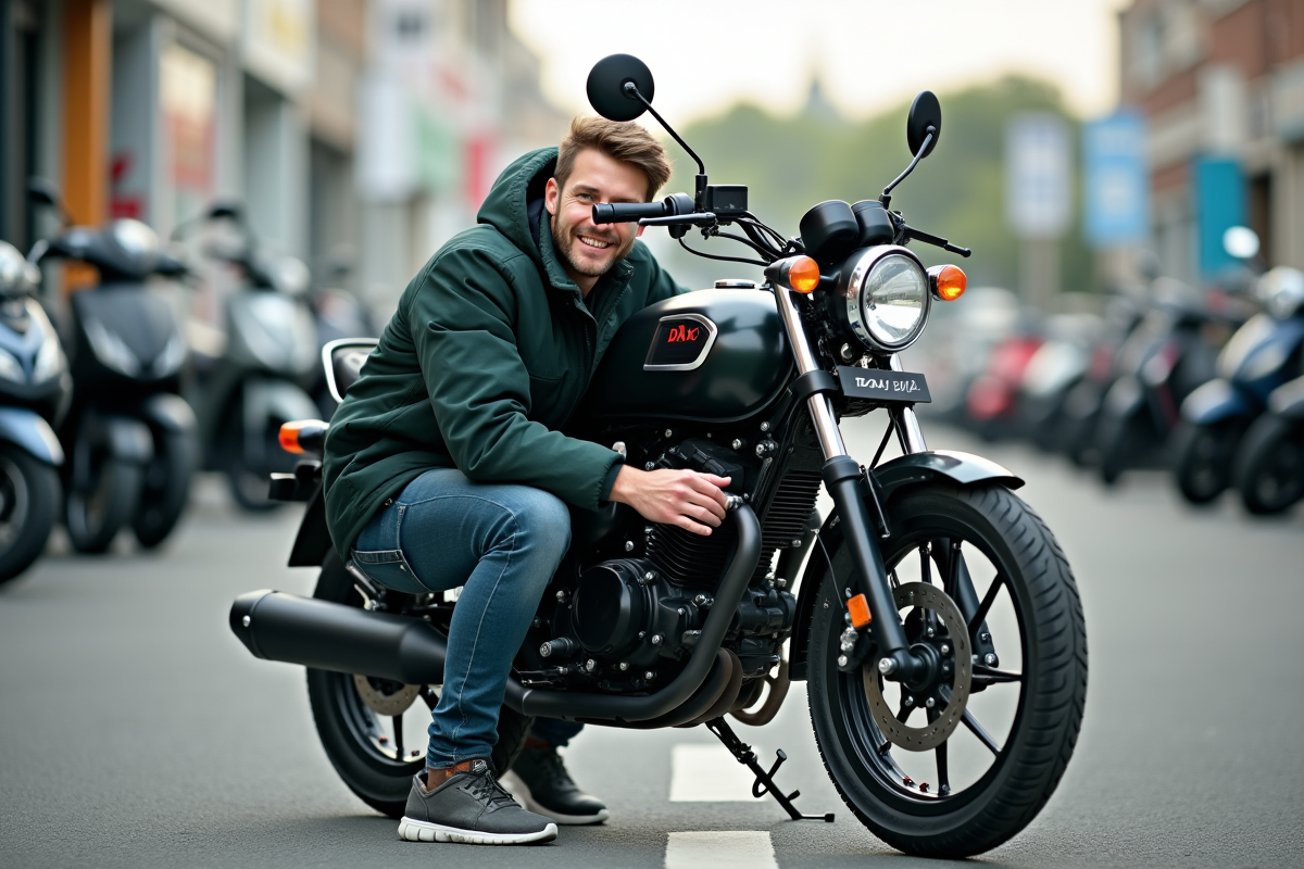 Homme examinant une moto Dax 125 dans un concessionnaire