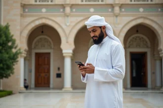 Homme musulman en thobe devant la mosquee d Agen