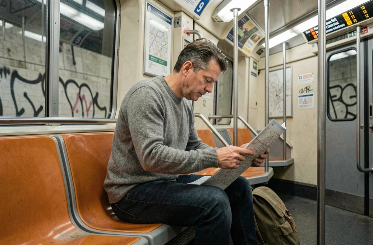Homme étudiant un plan papier de la ligne 9 du métro assis dans une rame parisienne