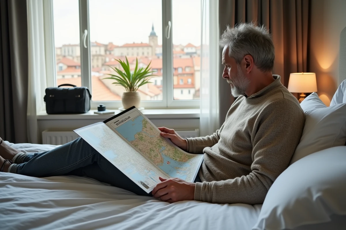 Homme examinant une carte de Toulouse dans une chambre d