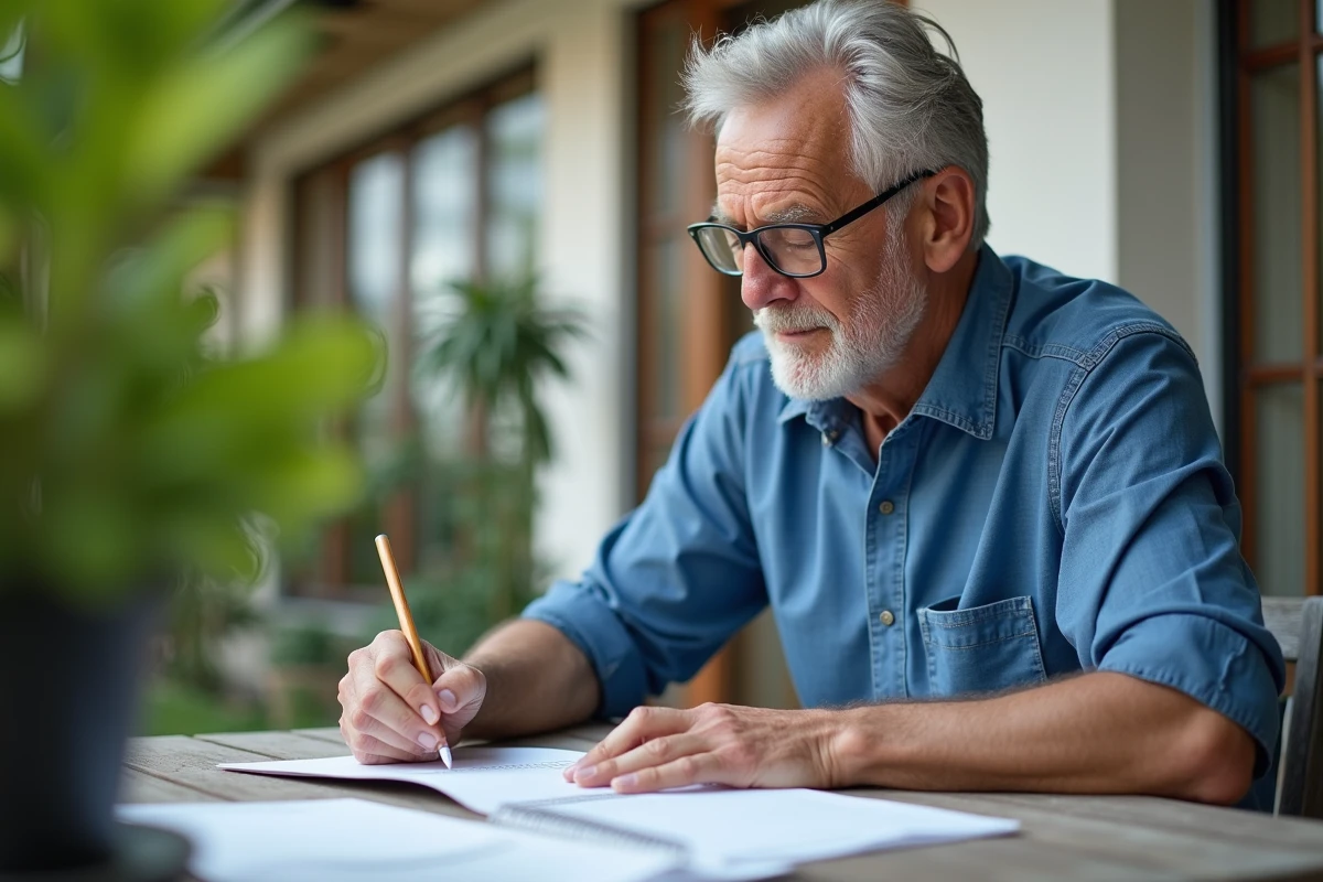 Homme écrivant dans un planner en extérieur