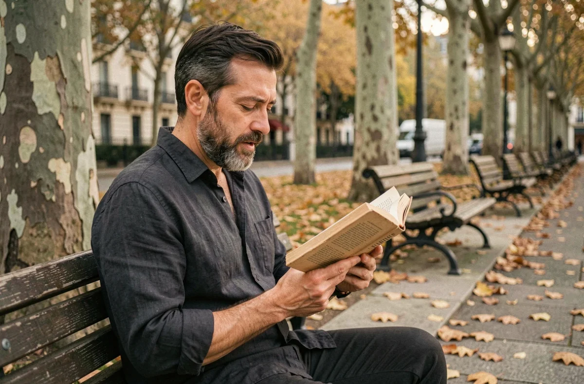 Homme lisant un recueil de poésie française dans un parc urbain en automne, feuilles mortes au sol