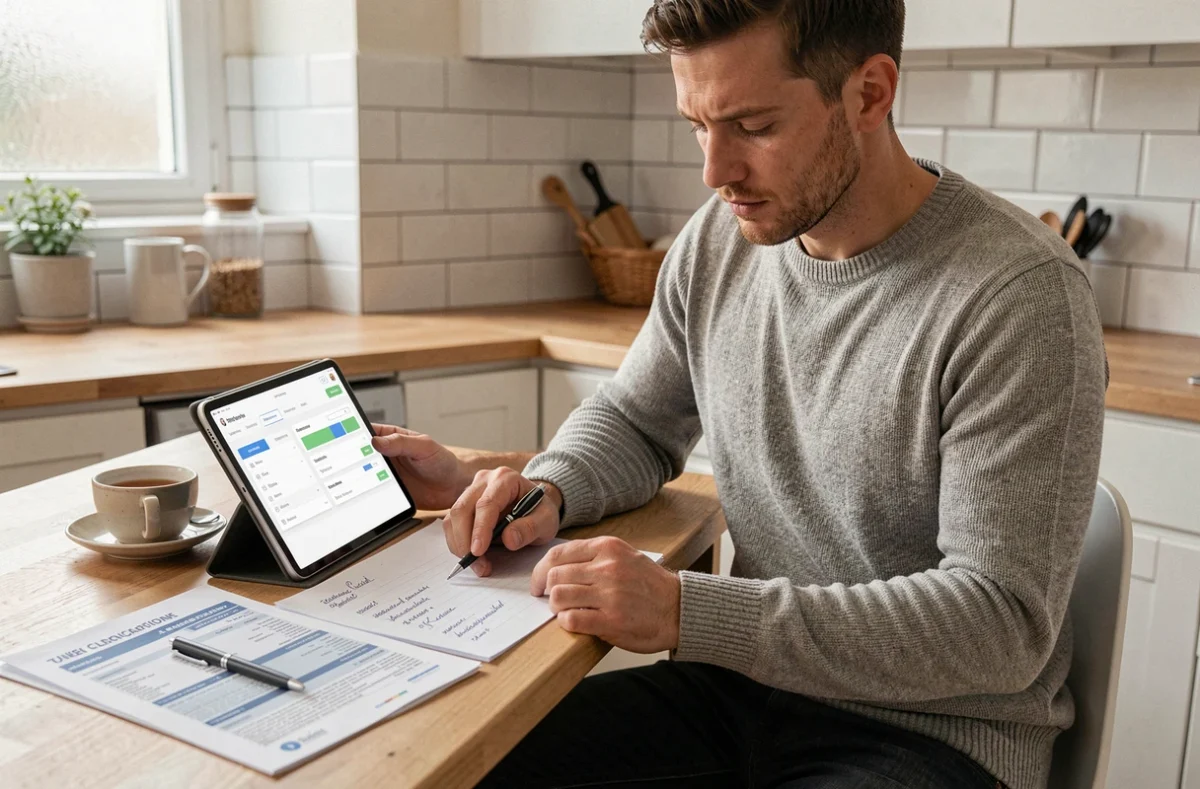 Homme consultant ses revenus de plateforme numérique et ses obligations fiscales sur une tablette posée sur une table de cuisine