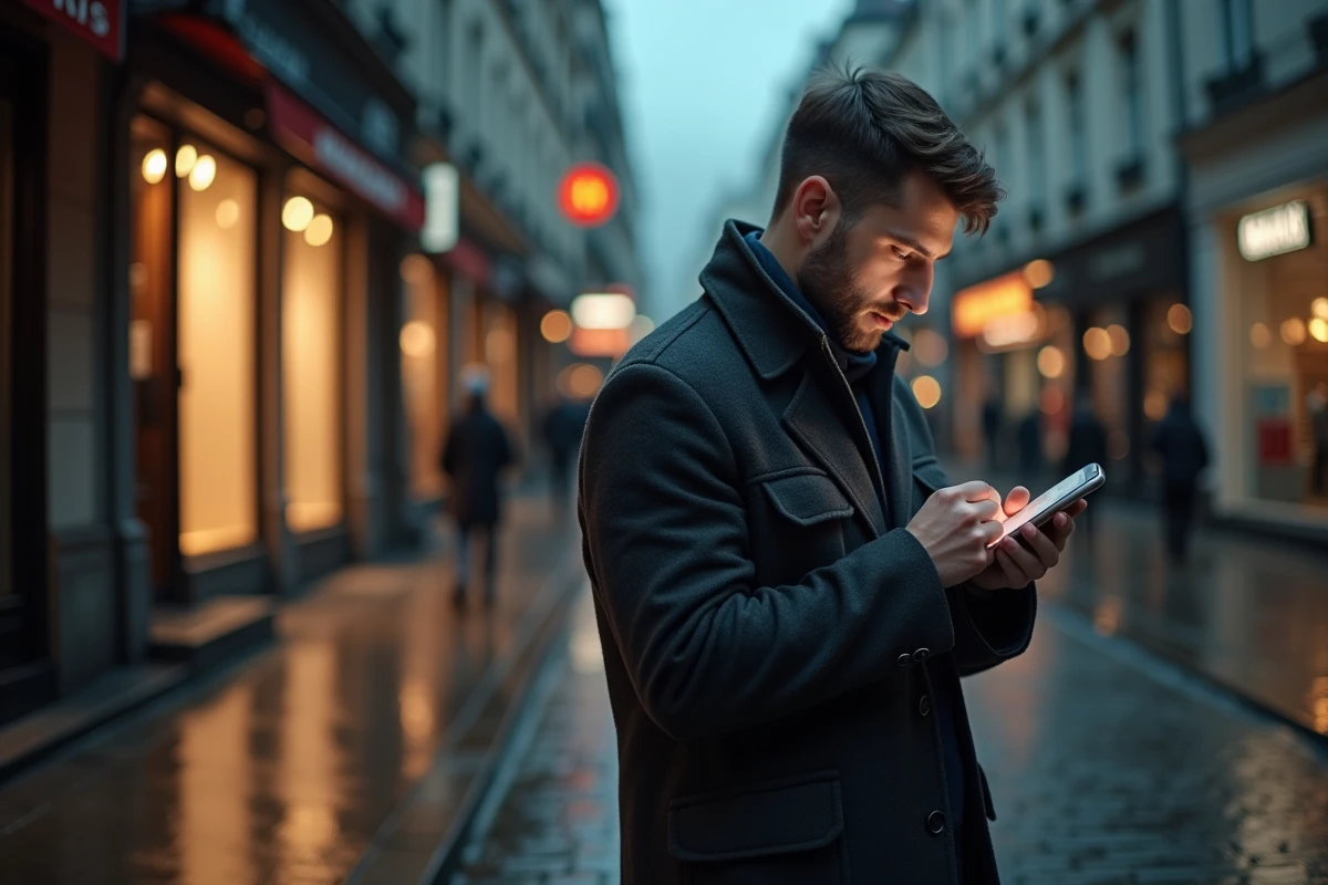 Homme debout dans une rue urbaine sous la pluie regardant son téléphone sans réponse, illustrant l'isolement émotionnel dans une relation amoureuse impossible