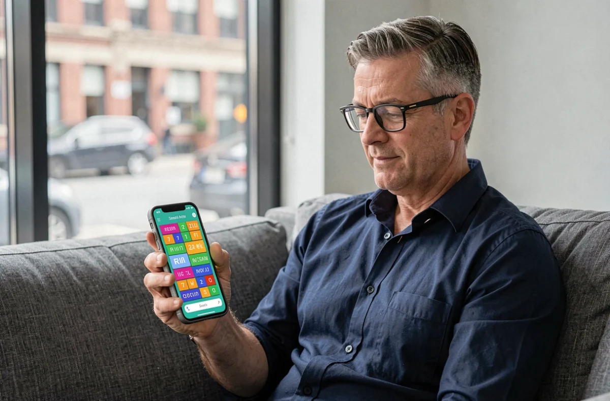 Homme avec lunettes jouant à Codycross sur son smartphone dans un salon moderne