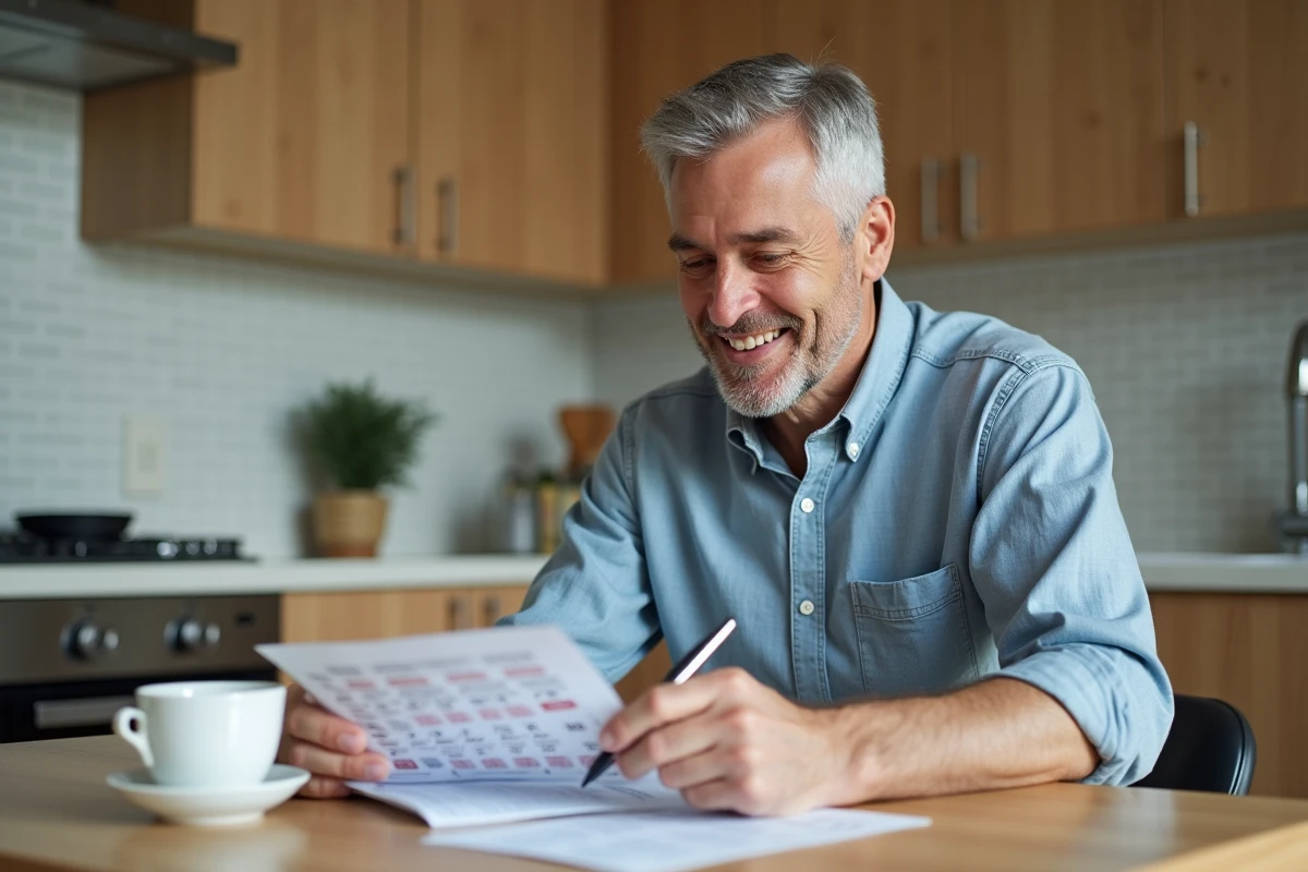 Homme souriant vérifiant un résultat de Keno à la maison