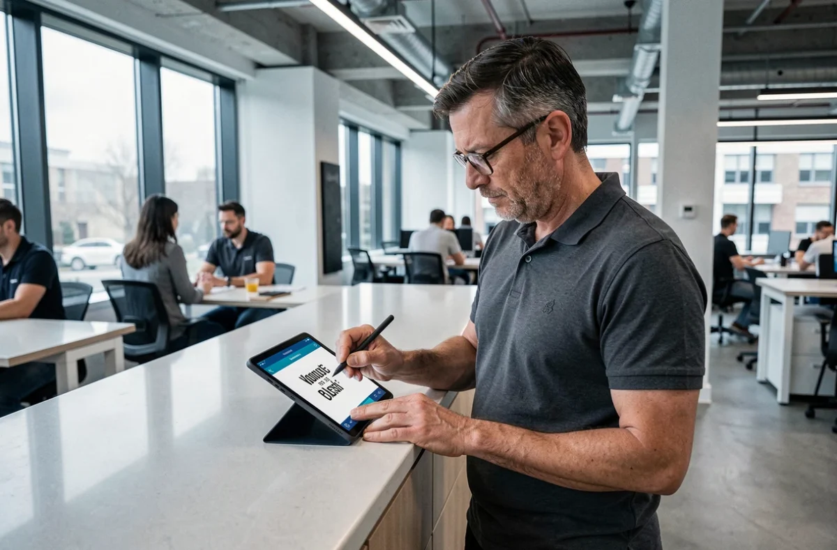 Homme utilisant une tablette pour concevoir un rébus personnalisé dans un espace de coworking moderne
