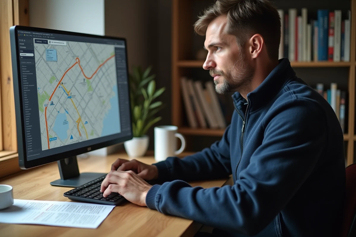Homme téléchargeant un plan de bus en PDF sur son ordinateur portable à domicile