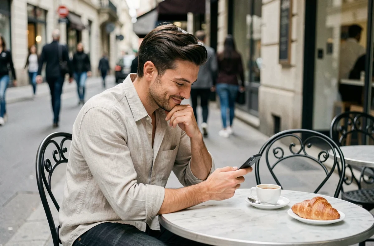 Homme seul en terrasse de café regardant son téléphone avec un sourire fatigué