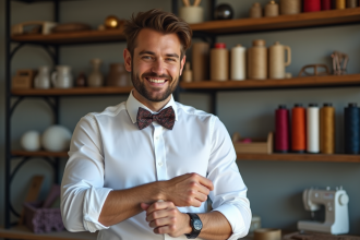 Homme souriant en train de nouer un noeud papillon fait main