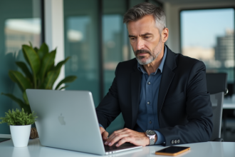 Homme d'âge moyen travaillant sur un ordinateur portable dans un bureau moderne