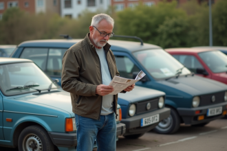 Homme d'âge moyen près de sa voiture ancienne en ville