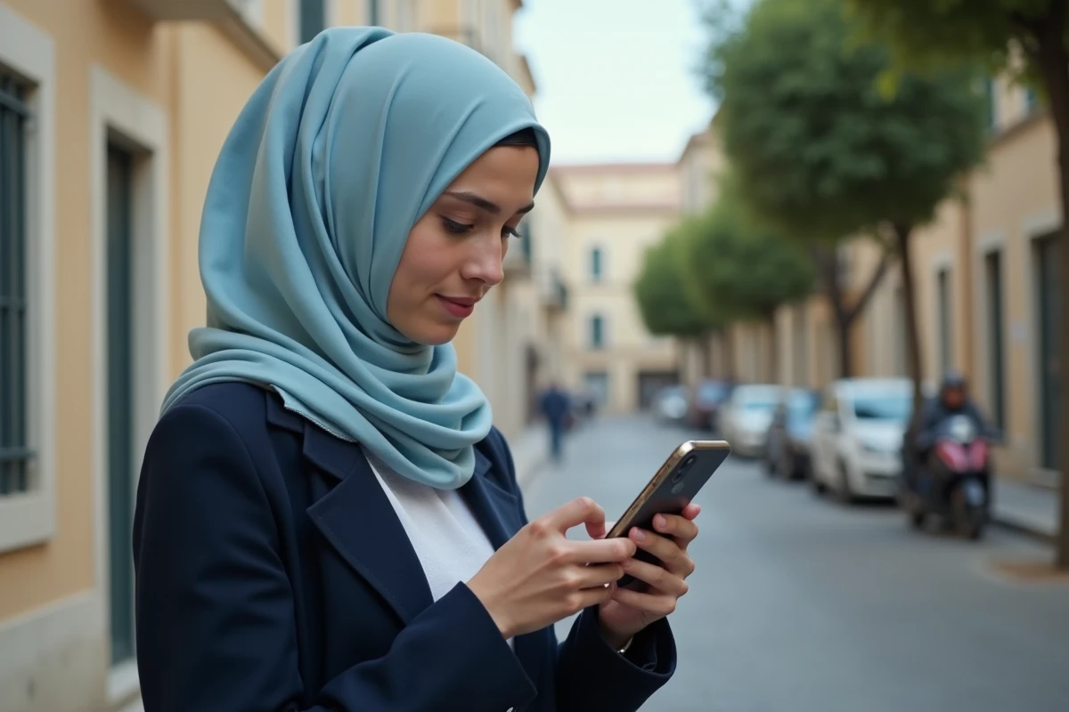 Femme consultant les horaires de prière sur smartphone dans une rue de Nîmes