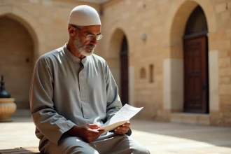 Homme consultant les horaires de prière dans une cour de mosquée à Nîmes