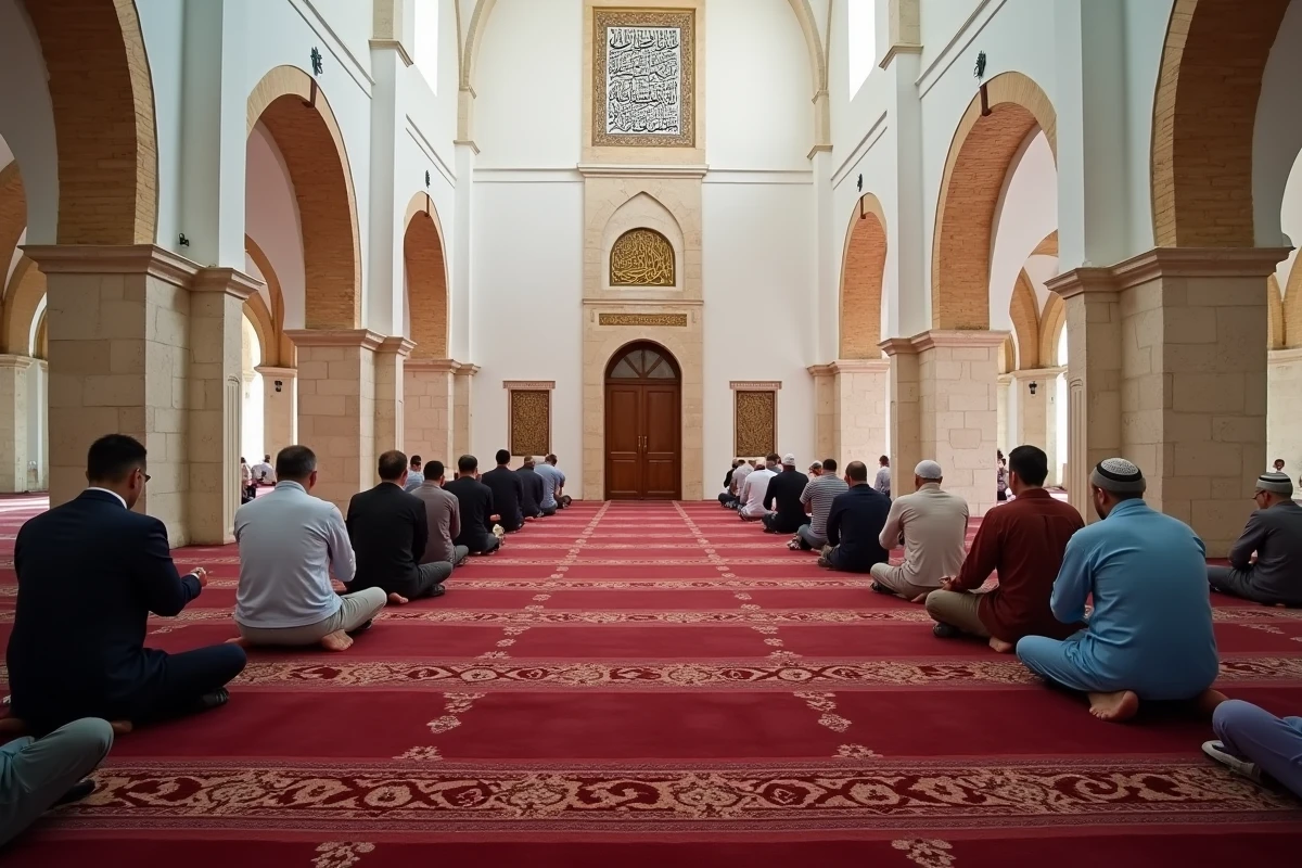 Vue intérieure d'une mosquée à Nîmes avec des fidèles en prière collective