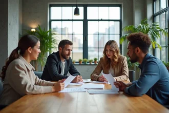 Groupe de collègues diversifiés collaborant autour d'une table de réunion dans un bureau moderne, illustrant l'inclusion en milieu professionnel