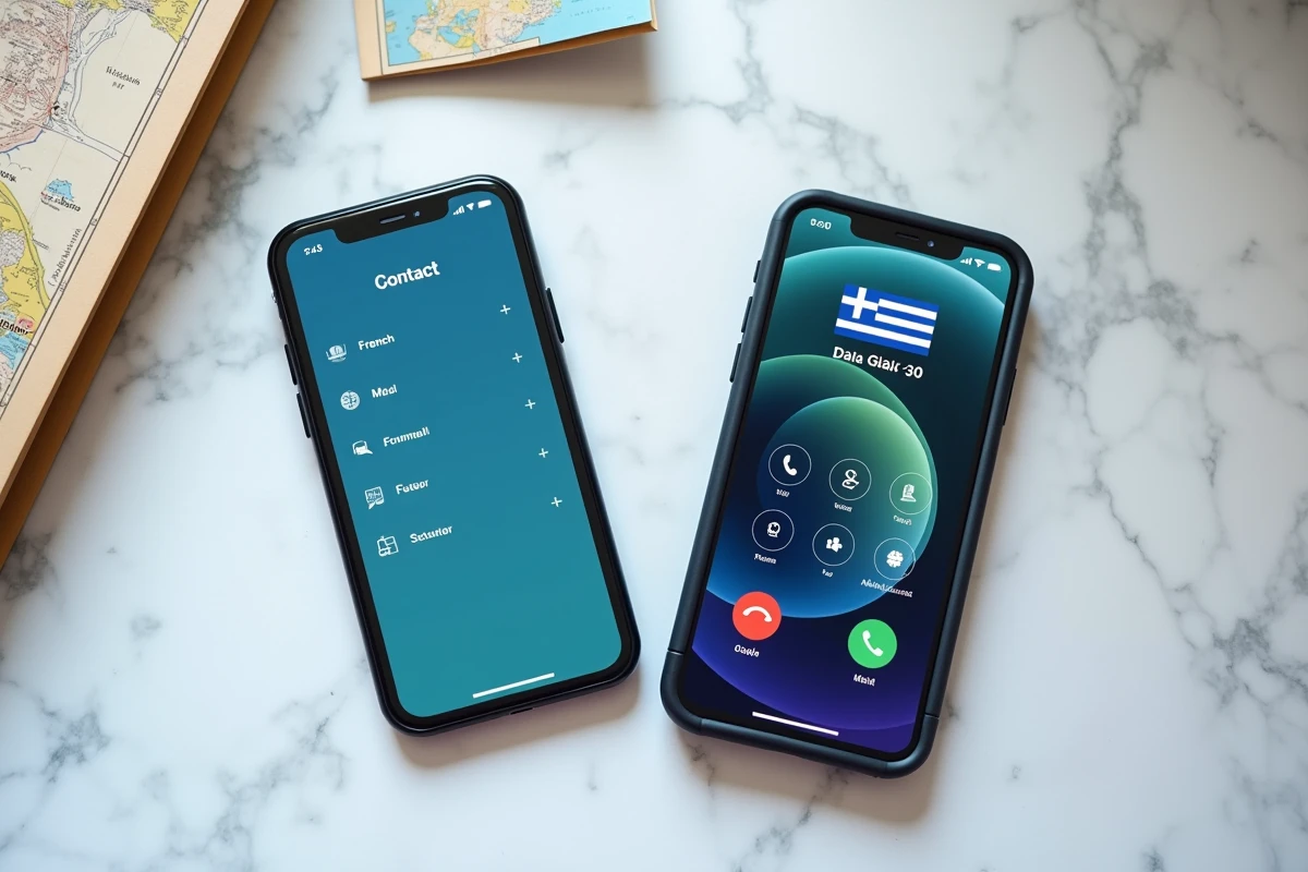 Vue de dessus de deux smartphones affichant un indicatif international +30 pour appeler en Grèce, posés sur une surface en marbre avec une carte de Grèce