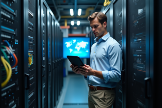 Jeune ingénieur réseau analysant un serveur dans un centre de données