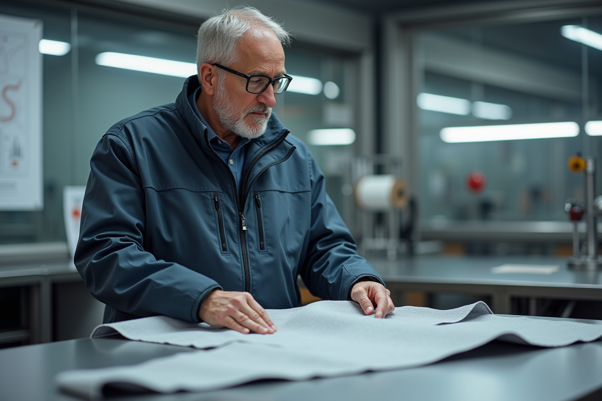 Ingénieur textile montrant un tissu technique dans un laboratoire moderne