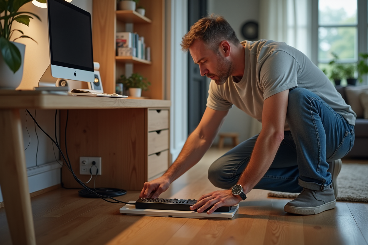 Homme vérifiant une multiprise dans son salon