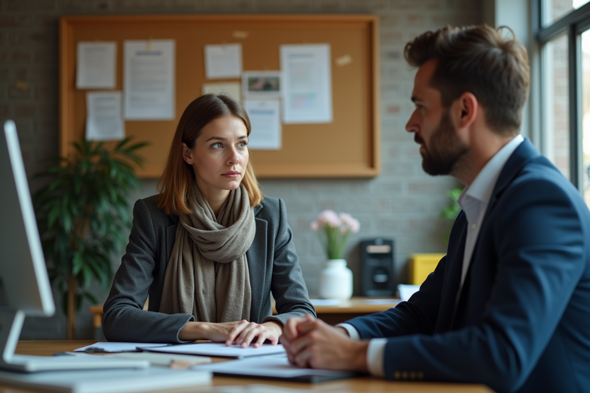 Femme inspectrice URSSAF en discussion avec un entrepreneur