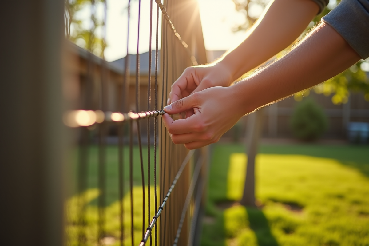 Personne vérifiant la pose de la clôture dans un jardin ensoleillé