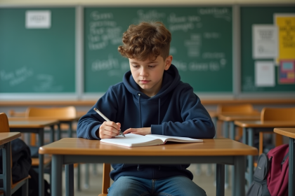 Adolescent assis seul à son bureau scolaire en réflexion