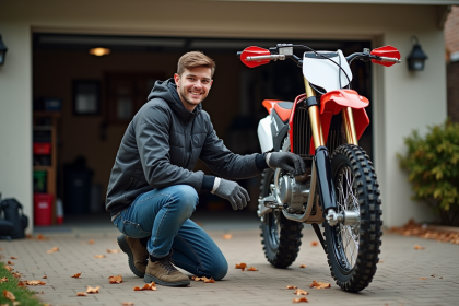 Jeune homme souriant change un pneu de supermoto dehors