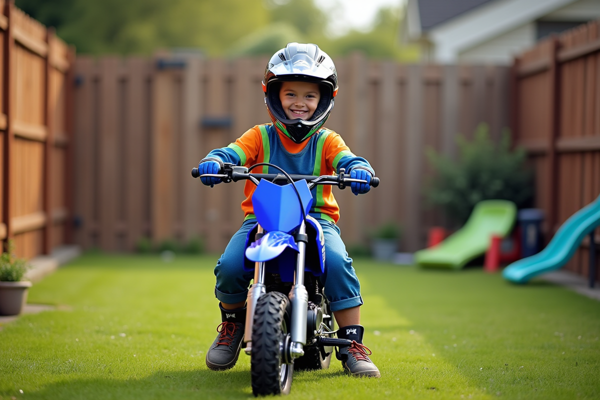 Jeune garçon souriant sur une moto Yamaha Piwi 50 en jardin