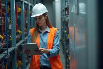 Jeune ingénieure vérifiant des données sur une tablette dans une installation énergétique