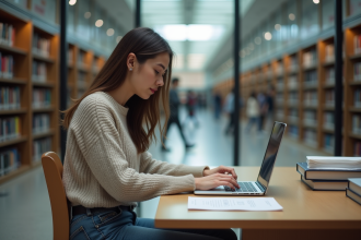 Jeune femme concentrée sur son ordinateur dans une bibliothèque universitaire