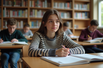 Jeune femme concentrée à la bibliothèque universitaire