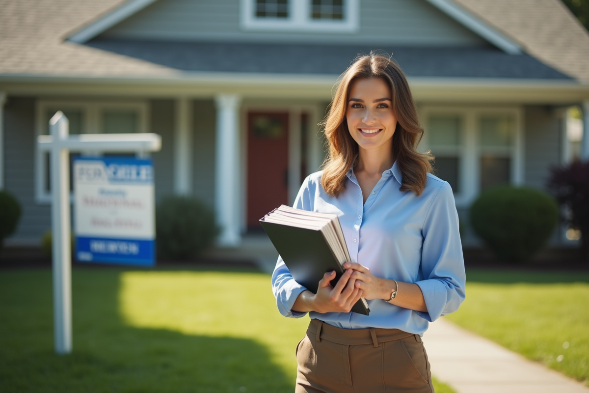 Jeune femme avec dossier immobilier devant une maison neuve