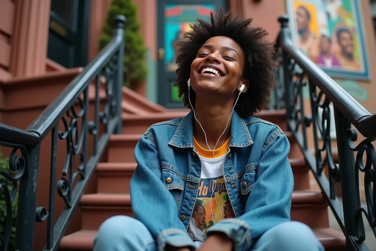 Jeune femme urbaine assise sur un escalier avec murals
