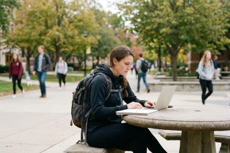 Jeune femme sportive assise à l'université avec ordinateur et ballon