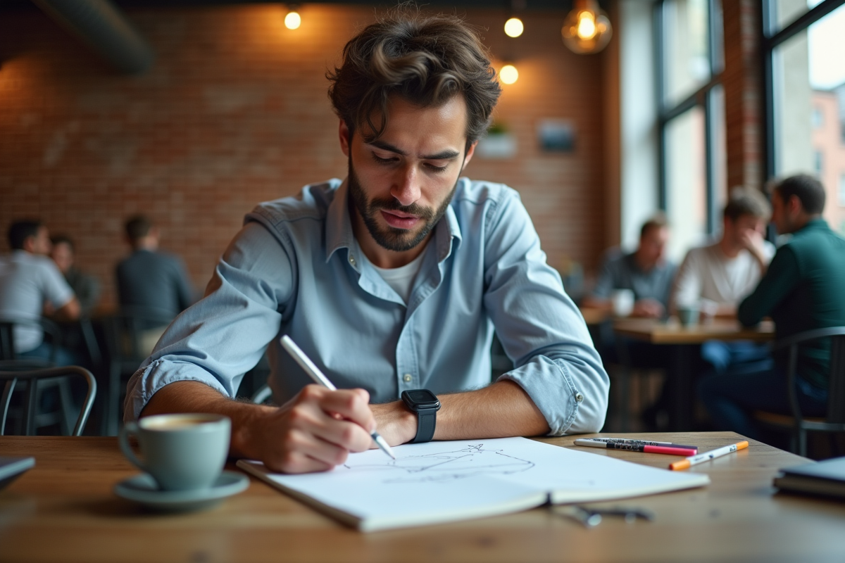 Jeune homme créatif esquissant un logo dans un café urbain