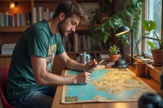 Jeune homme étudiant une carte Dofus sur son bureau