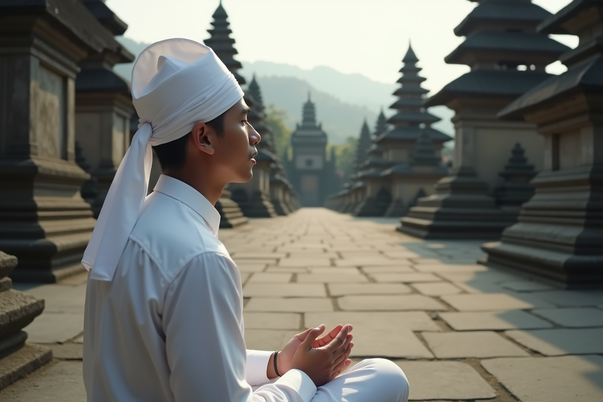Jeune homme balinais en prière sur les marches du temple