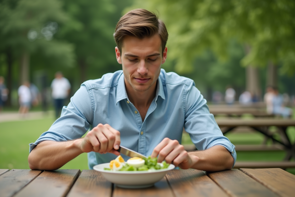 Jeune homme coupant un œuf dur dans un parc