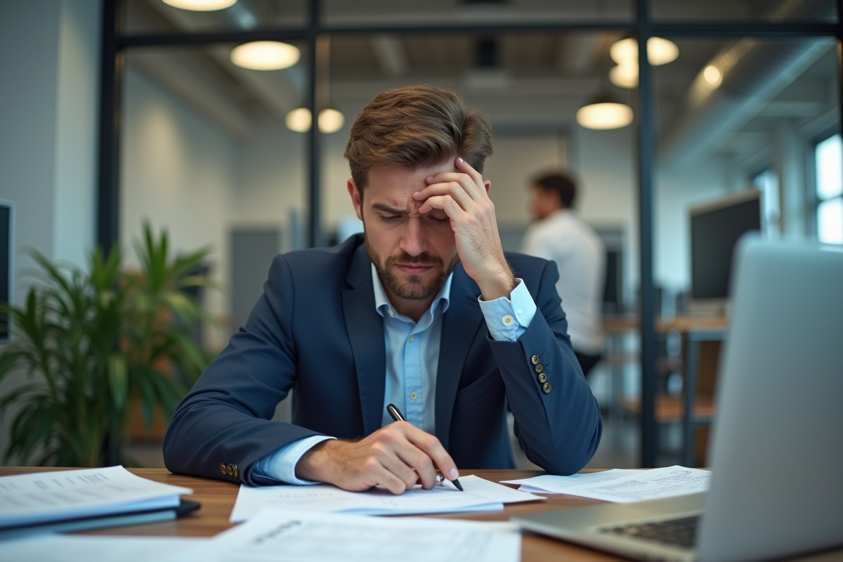 Jeune homme stressé au bureau entouré de papiers et ordinateur