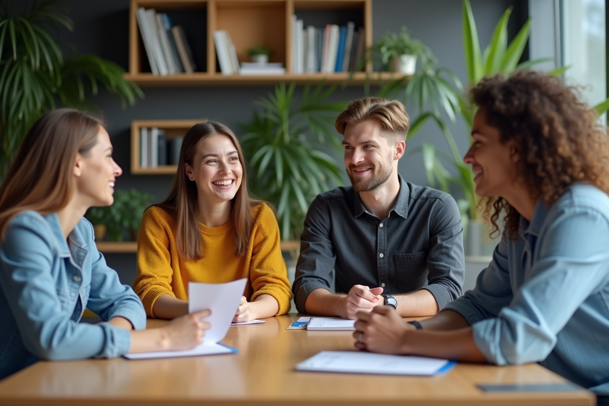 Quatre jeunes adultes en réunion de travail dans un bureau moderne