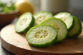 Jicama fraîche tranchée sur une planche en bois