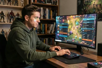 Joueur de Dofus Unity concentré sur l'interface de progression du métier Chasseur devant son écran de gaming