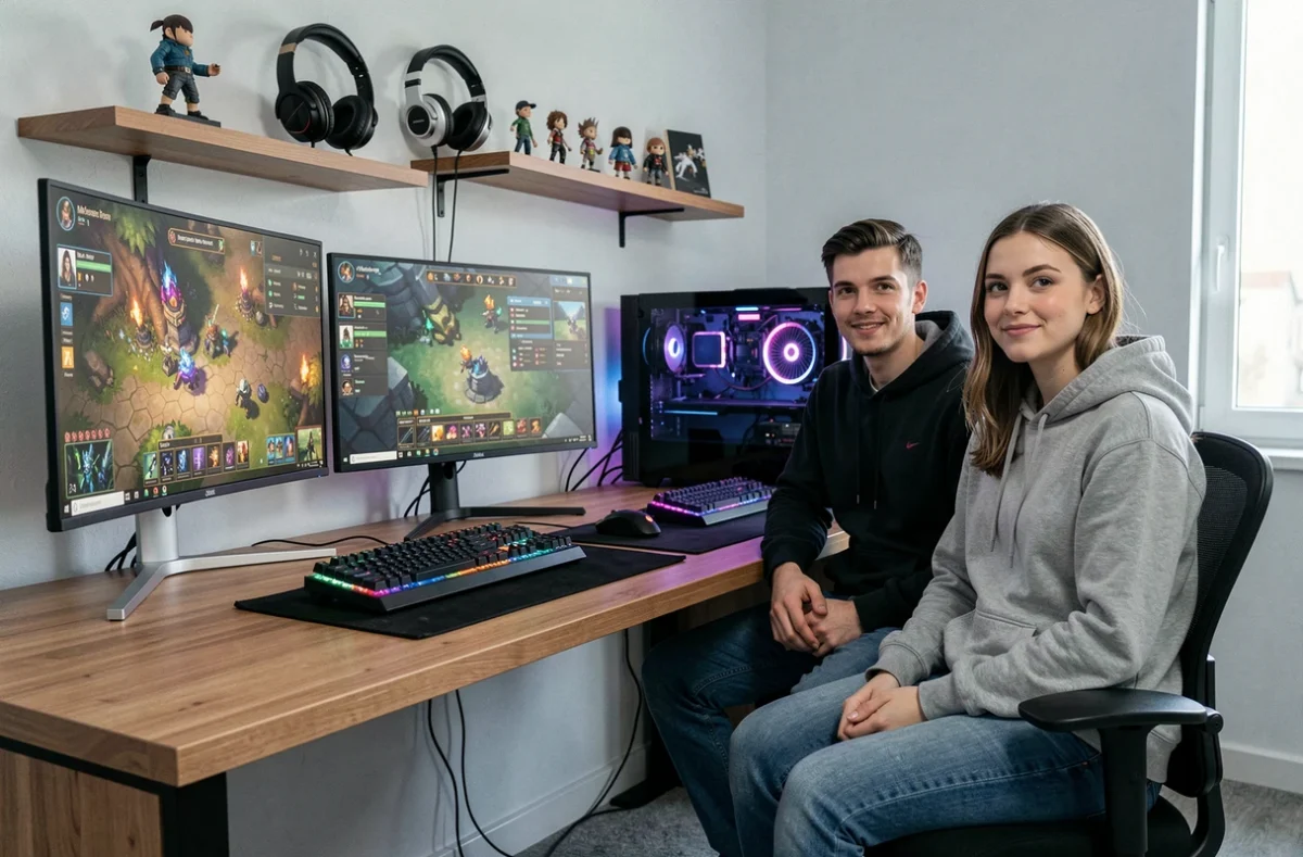 Deux joueurs analysant ensemble les évolutions du métier Chasseur dans Dofus Unity sur un setup gaming double écran