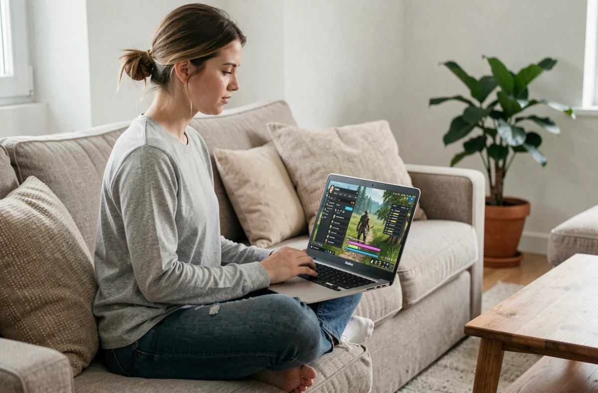 Joueuse de Dofus Unity explorant les changements du métier Chasseur et la progression XP sur son laptop