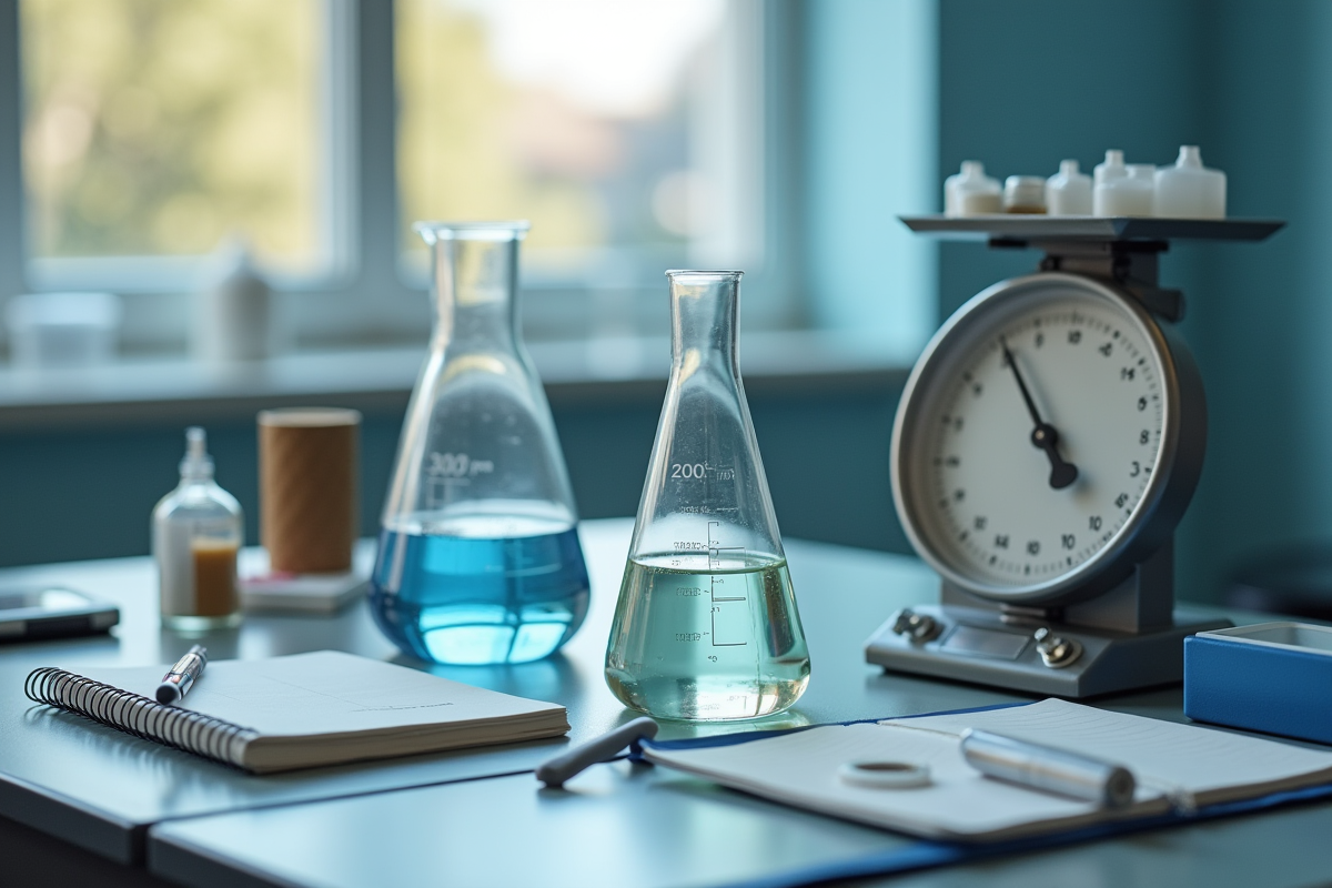 Table de laboratoire avec béchers et balance affichant 200 ml